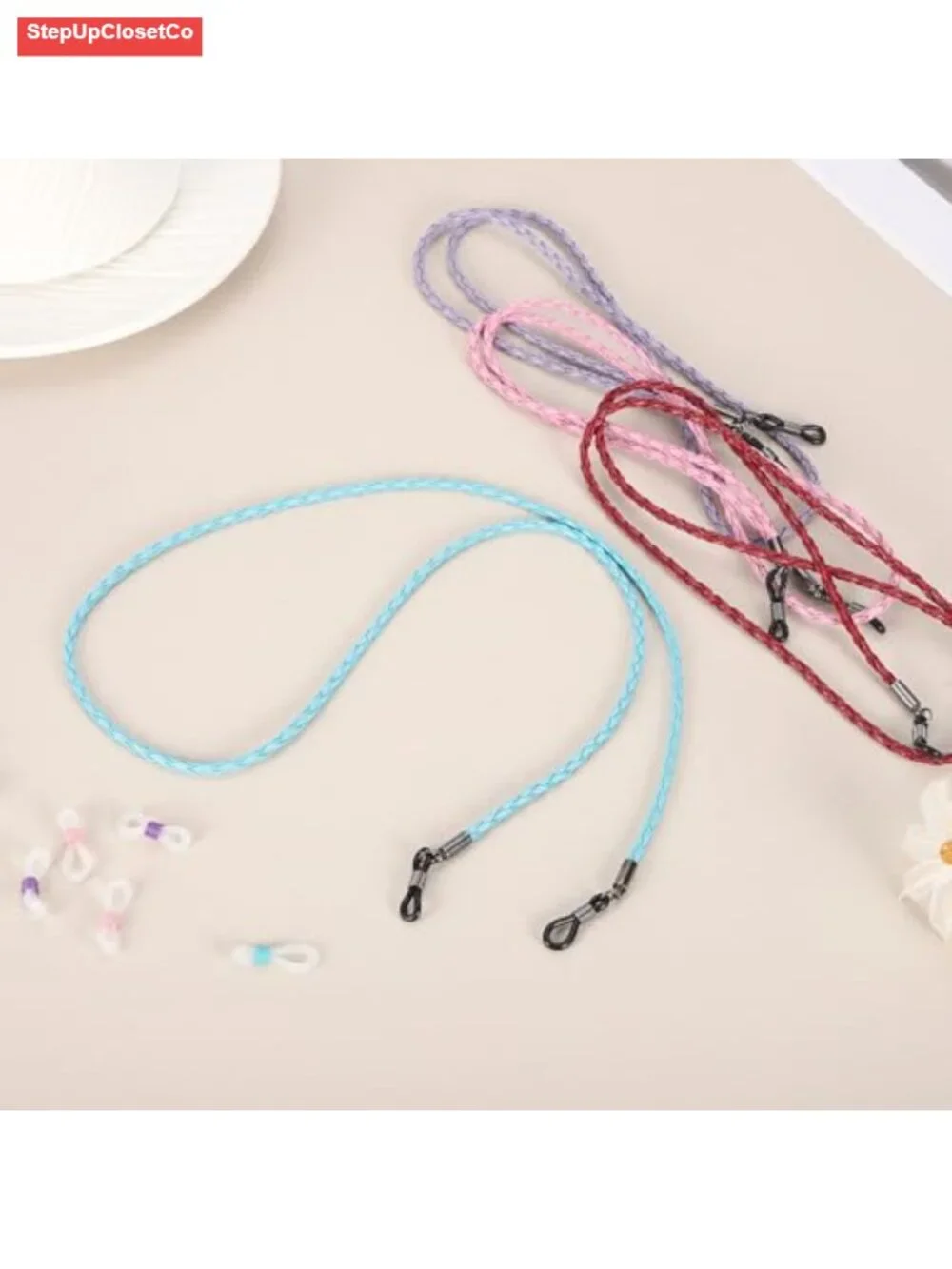 Braided PU Leather Eyeglass Chain Strap with Silicone Loops for Sunglasses